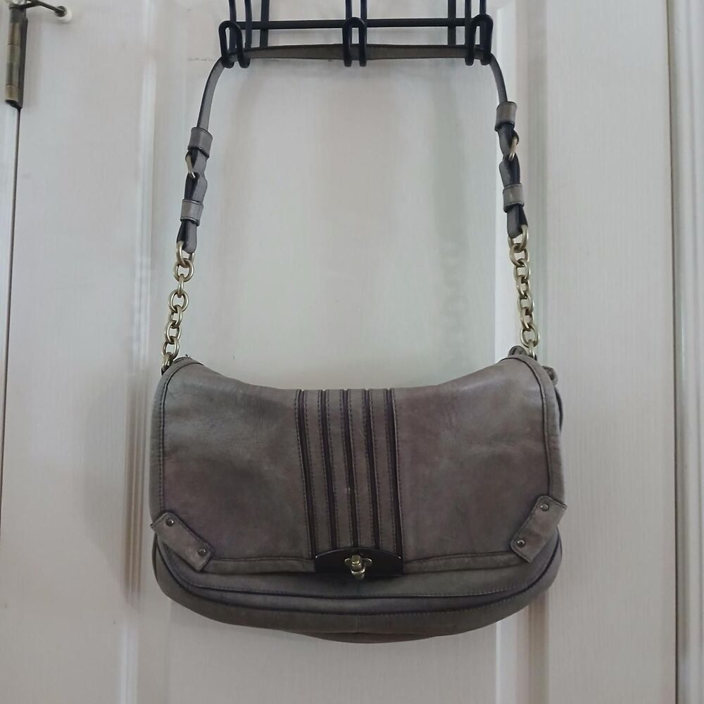 Y2K Vintage B. Makowsky Gray Leather Hobo Bag Turn Lock Clasp Chain Strap Indie